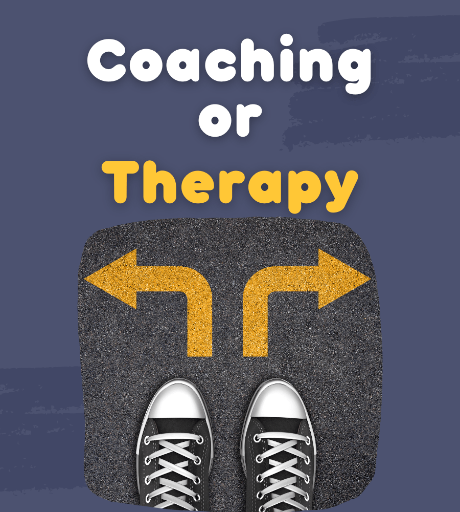 Illustration: "Coaching or Therapy" text with a carpet and two shoes below, and arrows above the shoes pointing left and right.