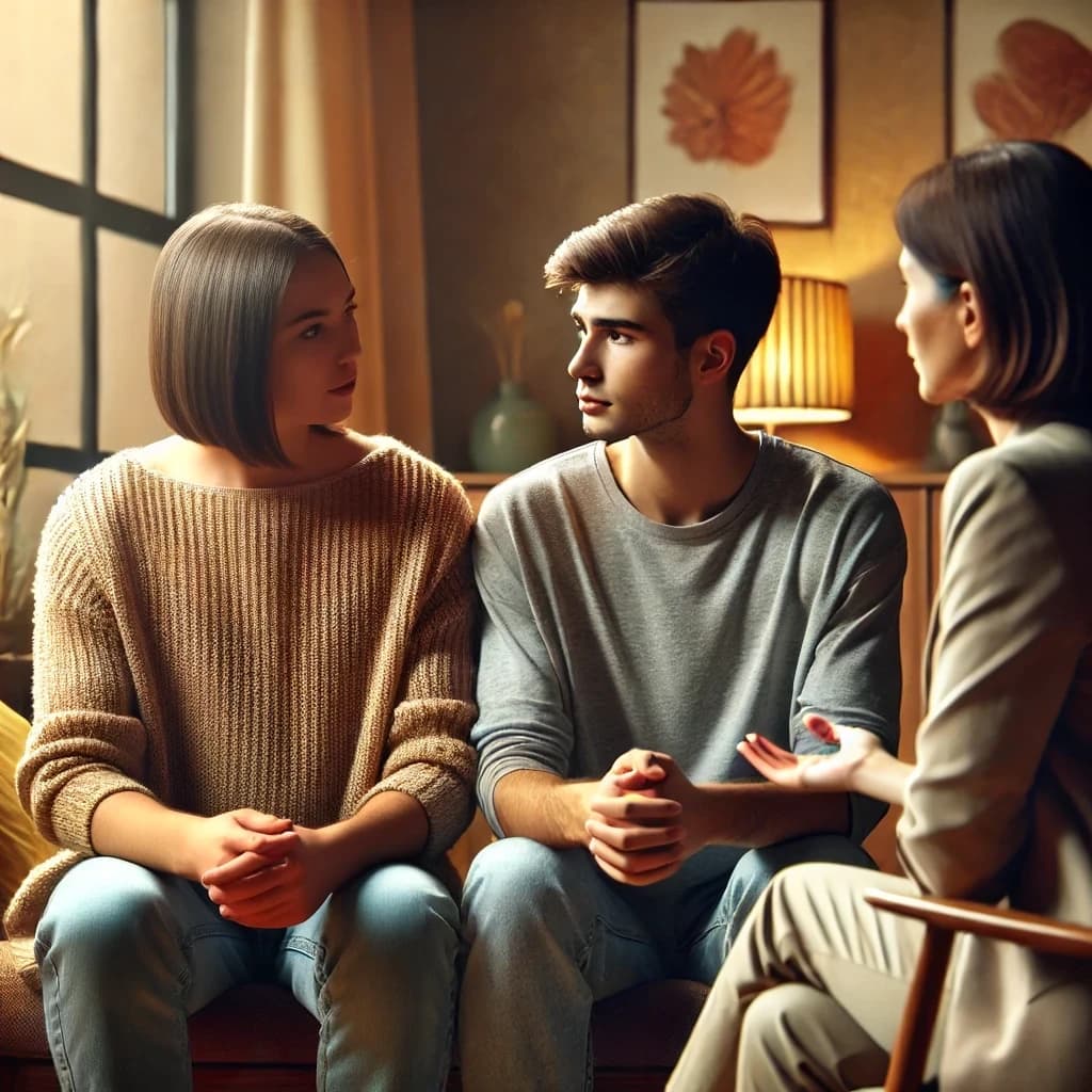 Couple engaged in an intensive counseling session with a female therapist in a modern, cozy office setting.